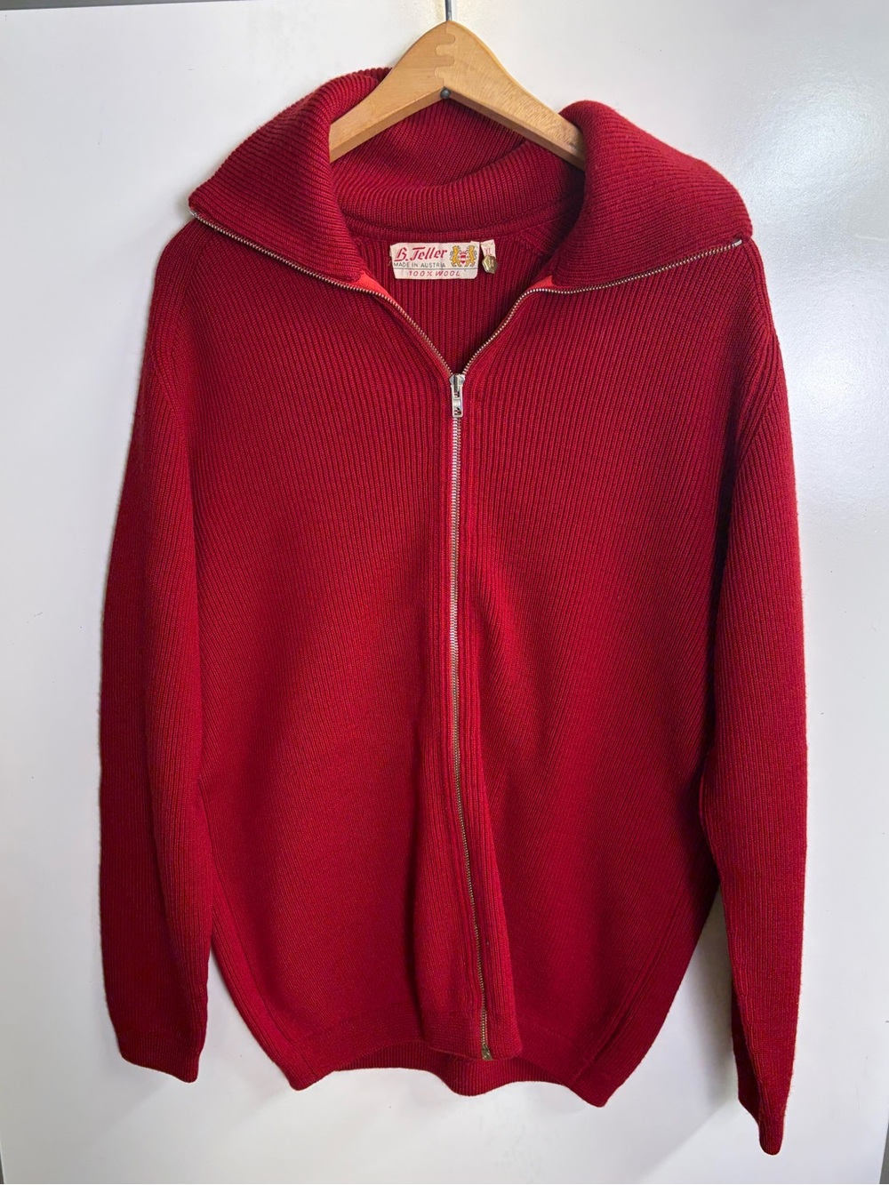Vintage B Teller Austria 100% Pure New Wool Zip Sweater Burgundy Rib Knit XL - Picture 2 of 9